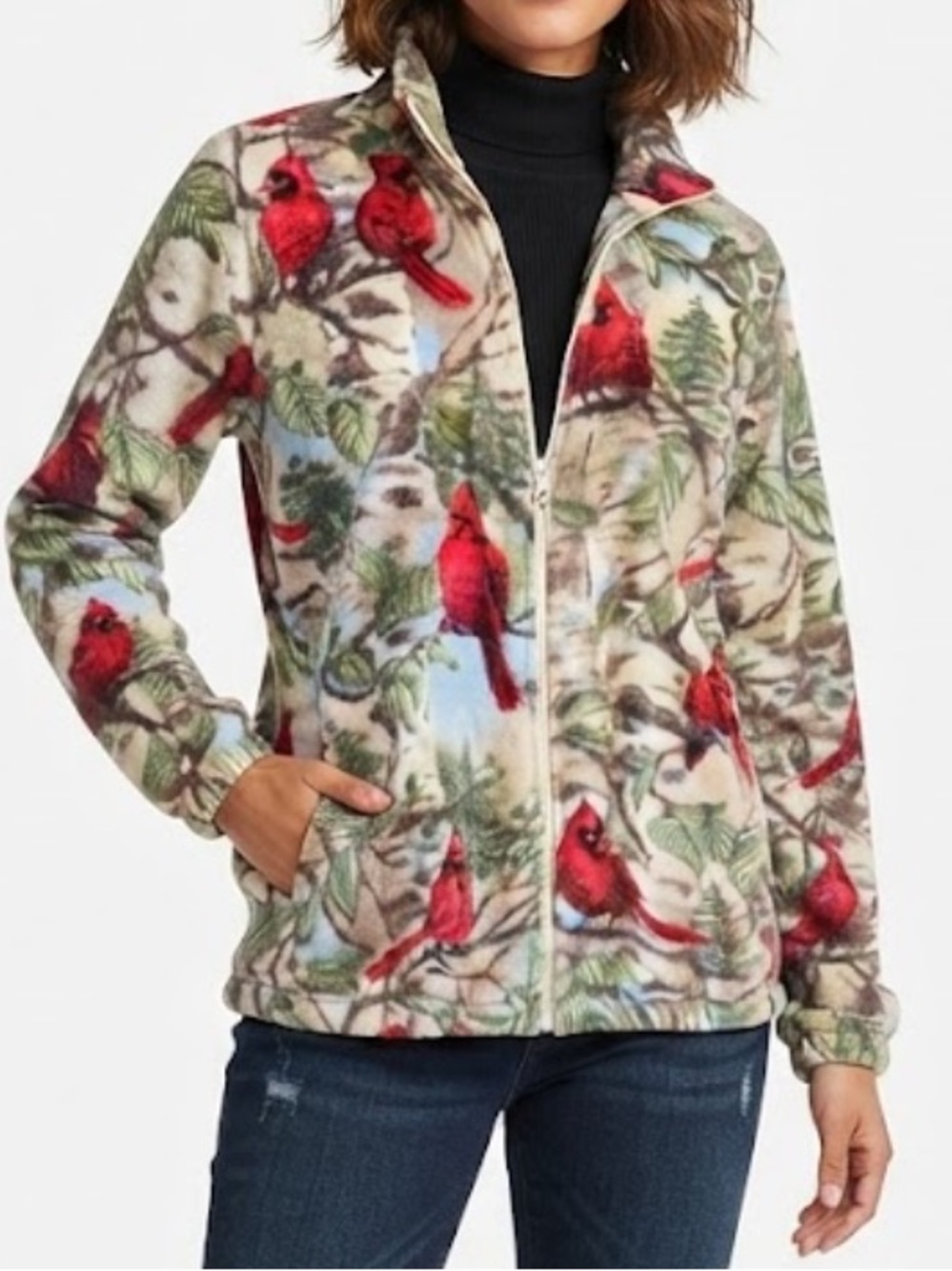 Bon Worth Vintage 90’s Red Cardinal Print Teddy Fleece Jacket Size P Medium